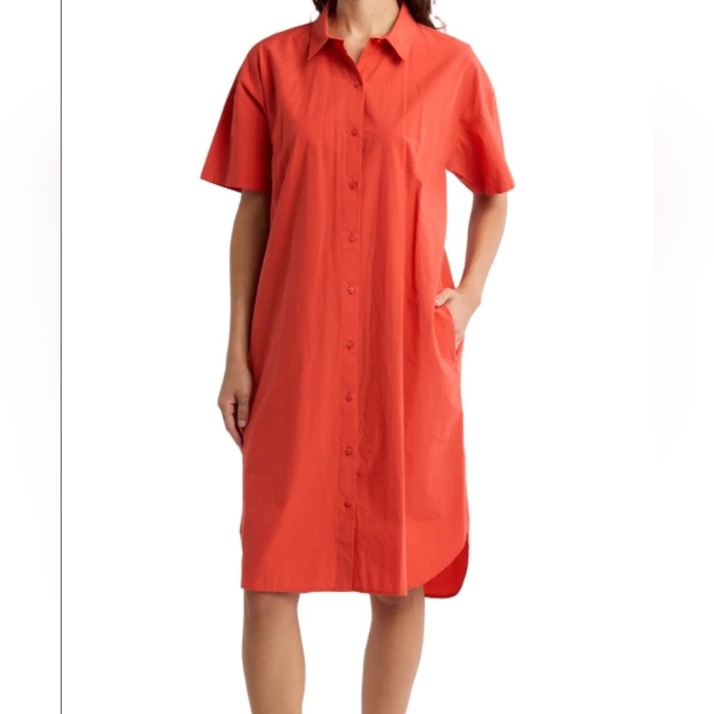EILEEN FISHER Organic Cotton Poplin Shirtdress in Geranium Red Petite SMALL